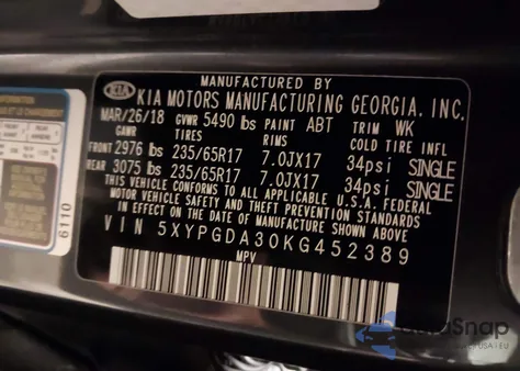2019 Kia Sorento 2.4L Lx from USA, damaged, VIN 5XYPGDA30KG452389